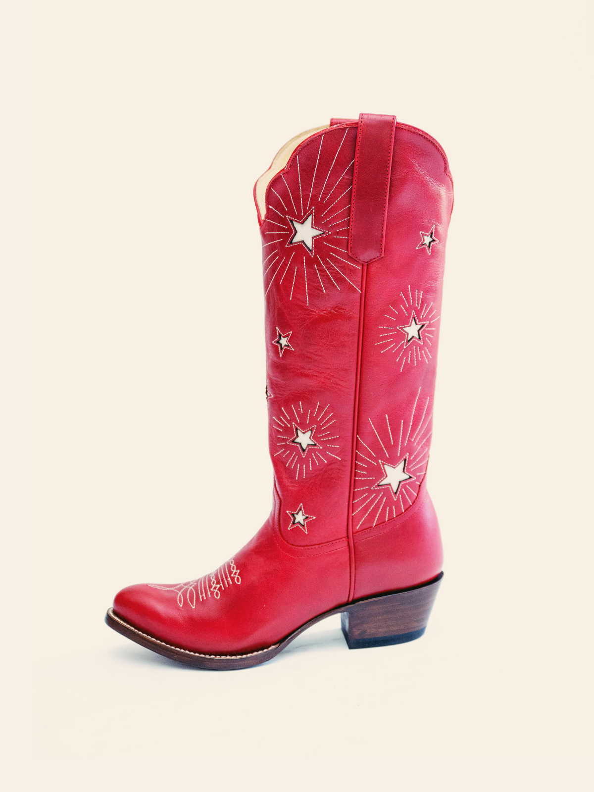 Red Burst Star Inlay Stitch Almond-Toe Wide Mid Calf Western Cowgirl Boots