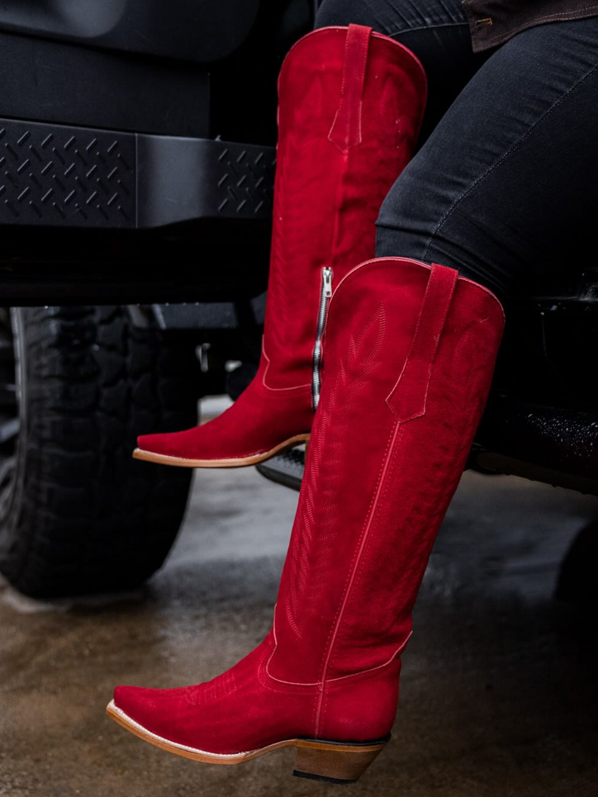 Red Faux Suede Snip-Toe Half-Zip Embroidery Knee High Cowgirl Boots