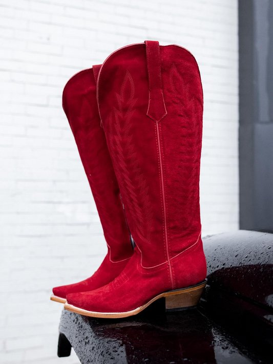 Red Faux Suede Snip-Toe Half-Zip Embroidery Knee High Cowgirl Boots
