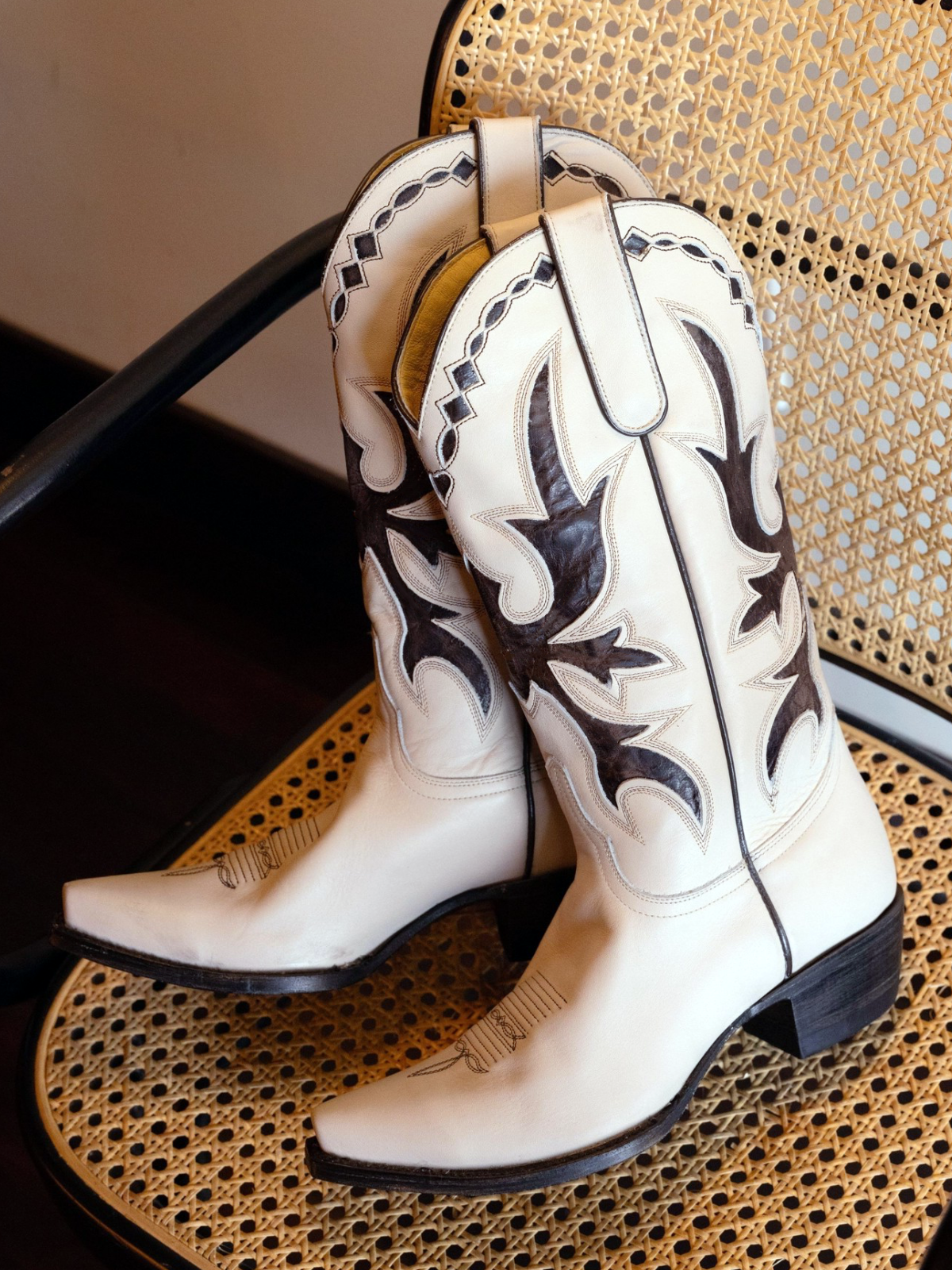 Ivory Snip-Toe Classic Inlay Embroidery Wide Mid Calf Cowgirl Boots