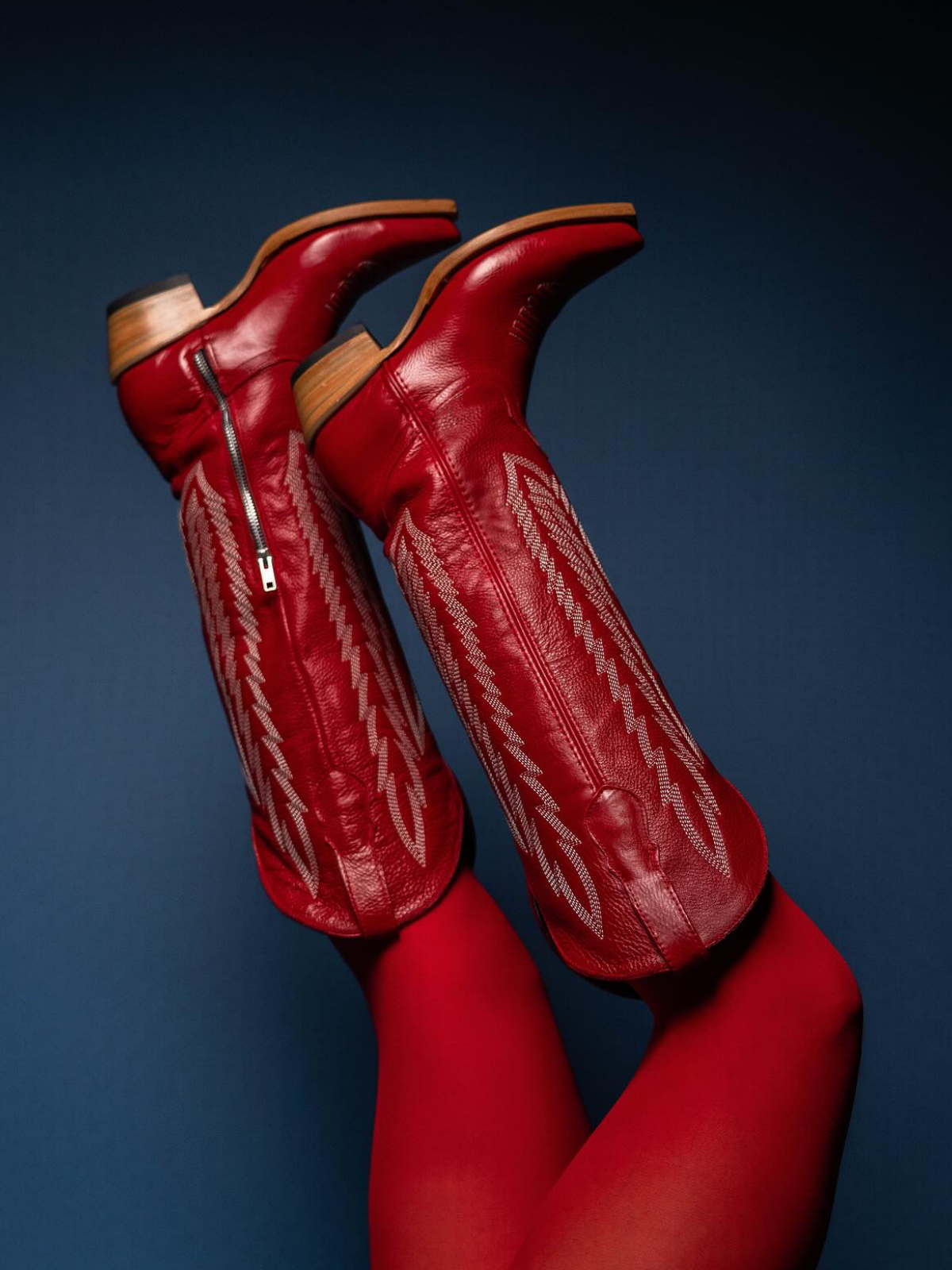 Red Snip-Toe Half-Zip Western Embroidery Knee High Cowgirl Boots