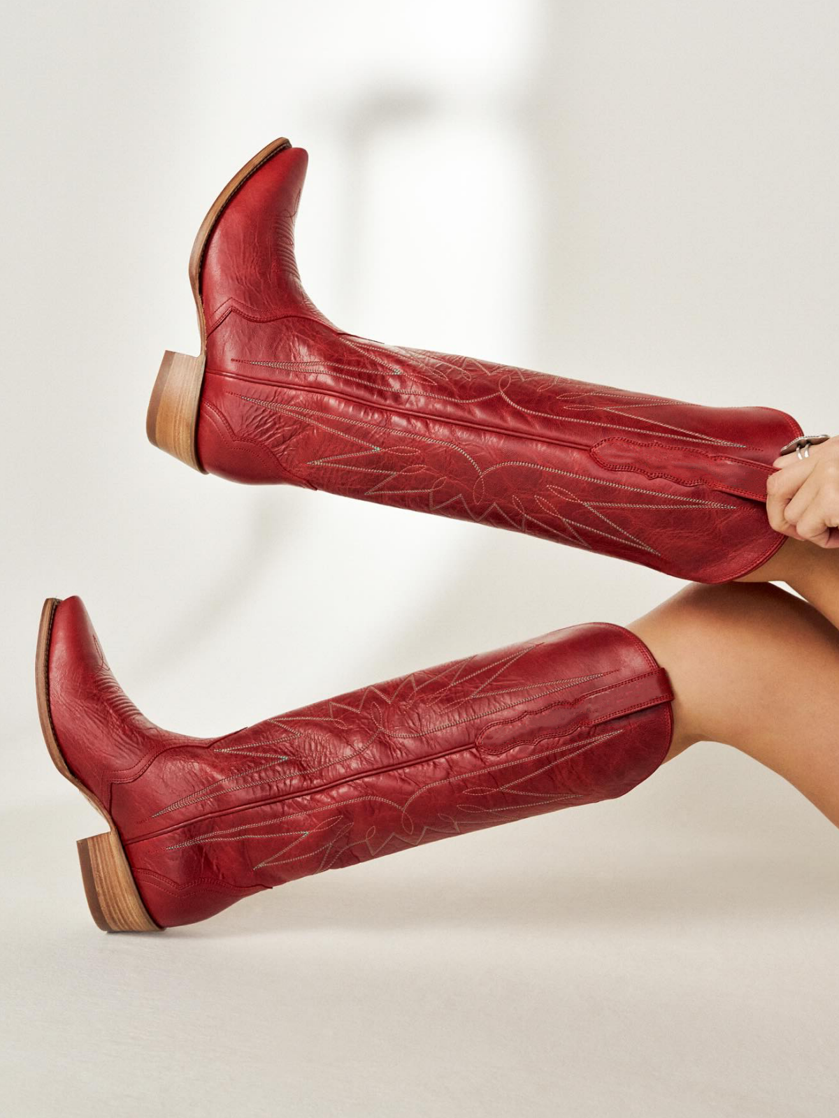 Distressed Ruby Red Embroidery Wide Calf Knee High Cowgirl Boots ...