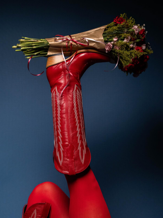 Red Snip-Toe Half-Zip Western Embroidery Knee High Cowgirl Boots