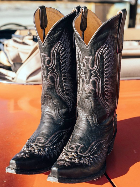 Distressed Black Snip-Toe Studded Eagle Embroidery Wide Mid Calf Tall Cowgirl Boots