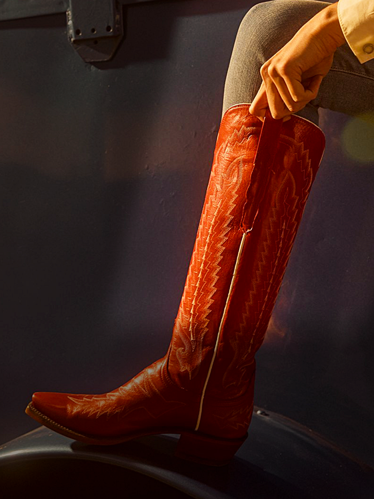 Red Snip-Toe Classic Western Embroidery Wide Calf Knee High Cowgirl Boots