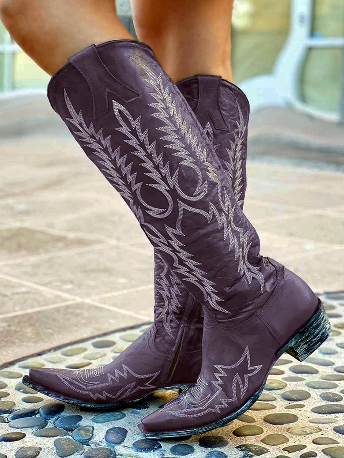 Purple Half-Zip Snip-Toe Embroidery Tall Knee High Cowgirl Boots