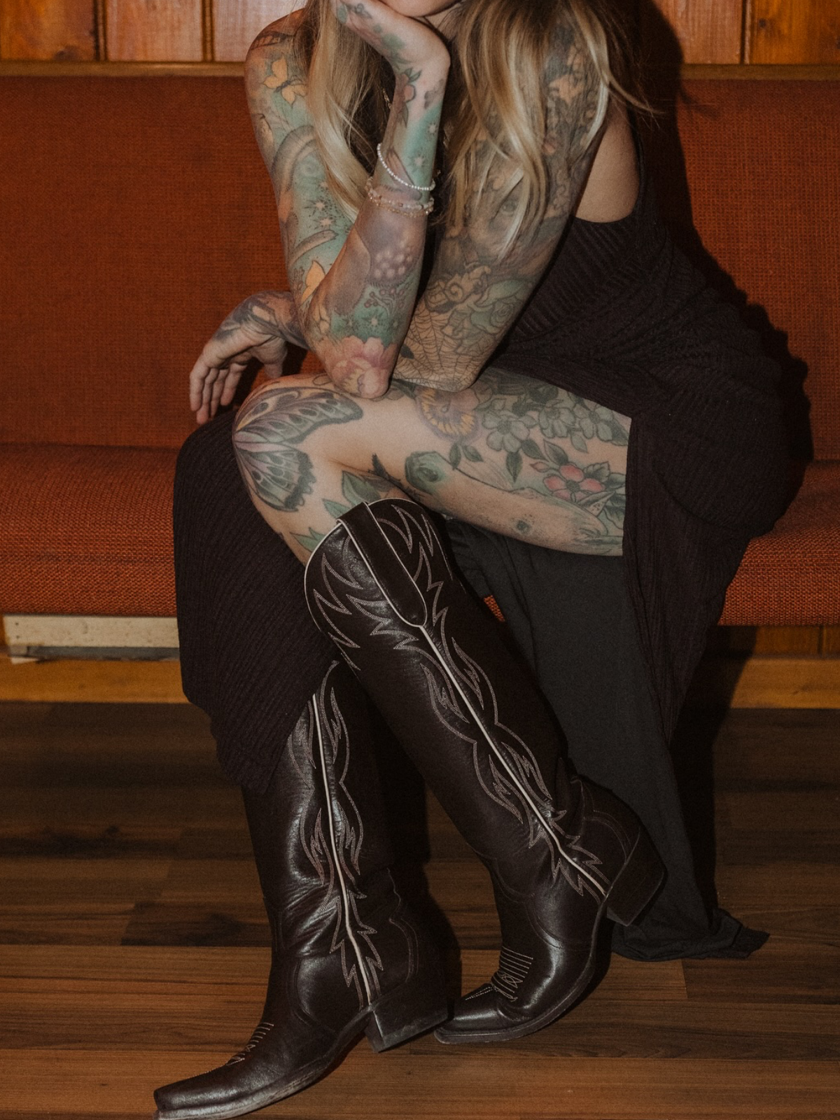 Chocolate Snip-Toe Embroidery Wide Calf Knee High Cowgirl Boots