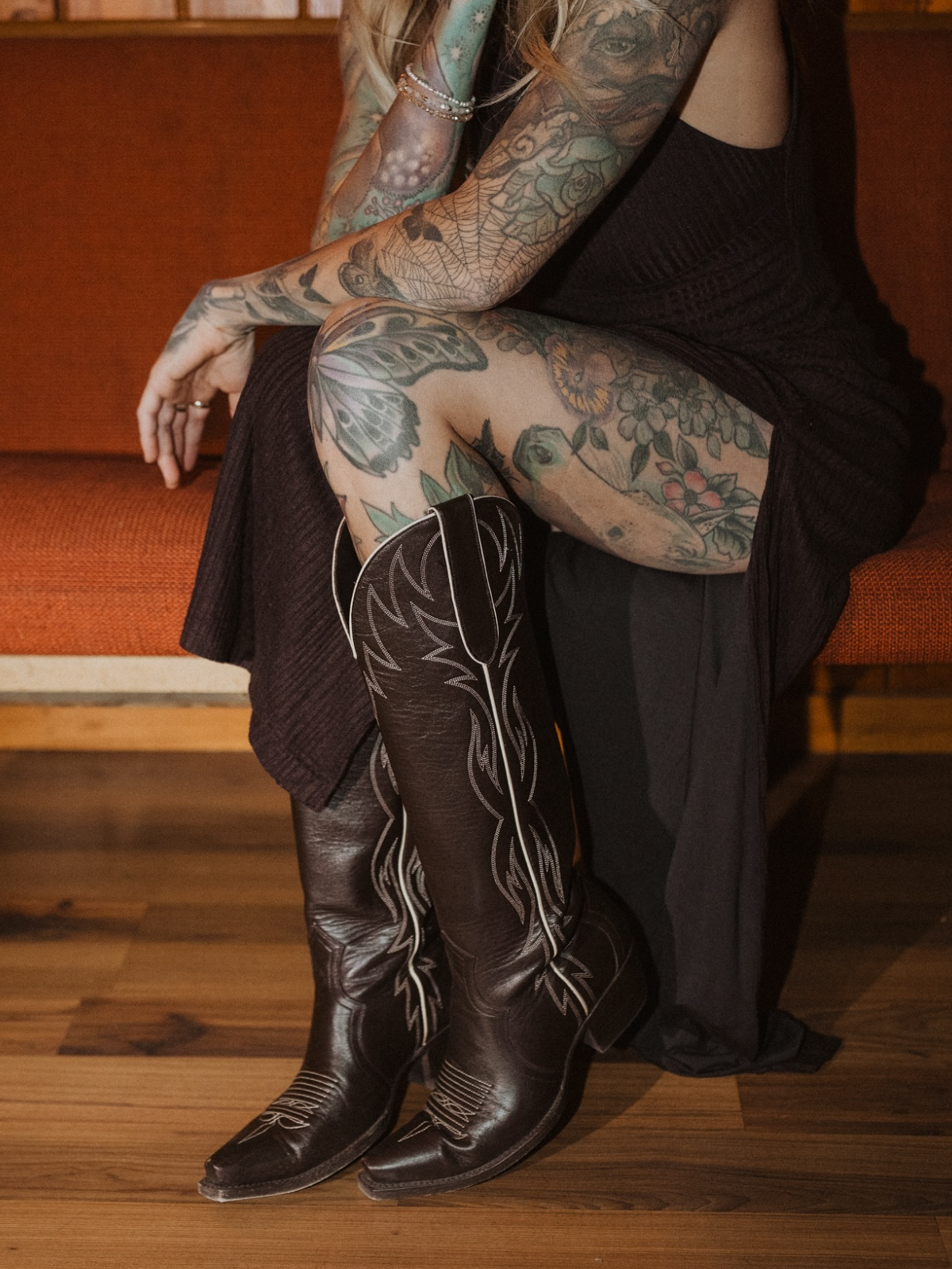 Chocolate Snip-Toe Embroidery Wide Calf Knee High Cowgirl Boots