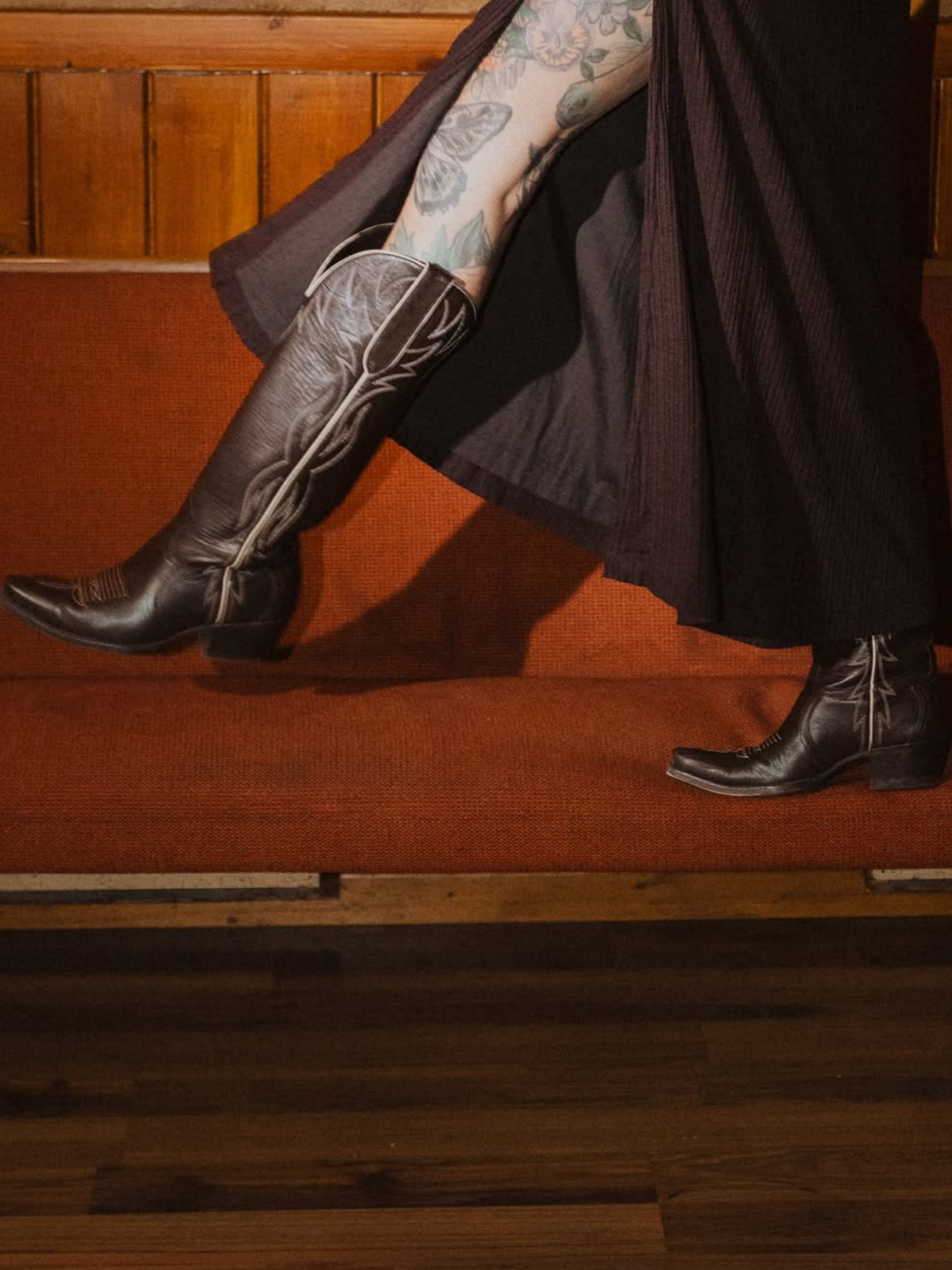 Chocolate Snip-Toe Embroidery Wide Calf Knee High Cowgirl Boots