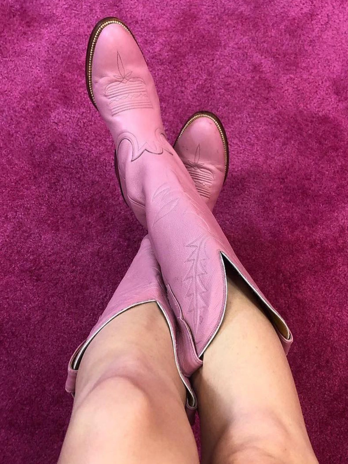 Pink Vegan Leather Embroidery Almond-Toe Wide Mid Calf Tall Cowgirl Boots