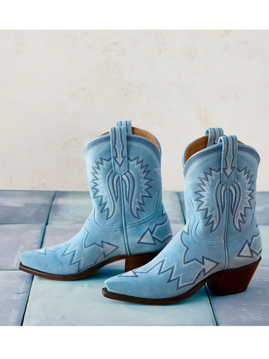 Powder Blue Faux Suede Snip-Toe Embroidery Ankle Cowgirl Boots