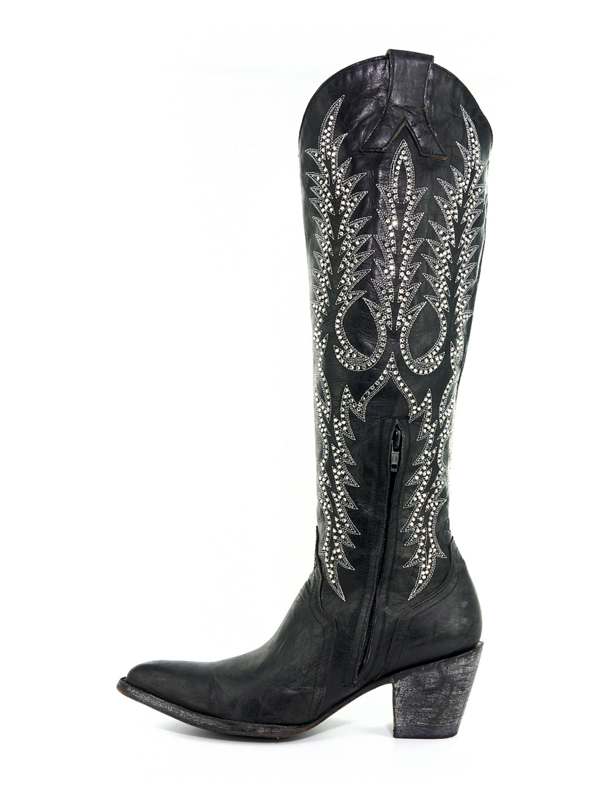 Black Almond-Toe Crystal Embroidery Half-Zip Tall Knee High Cowgirl Boots