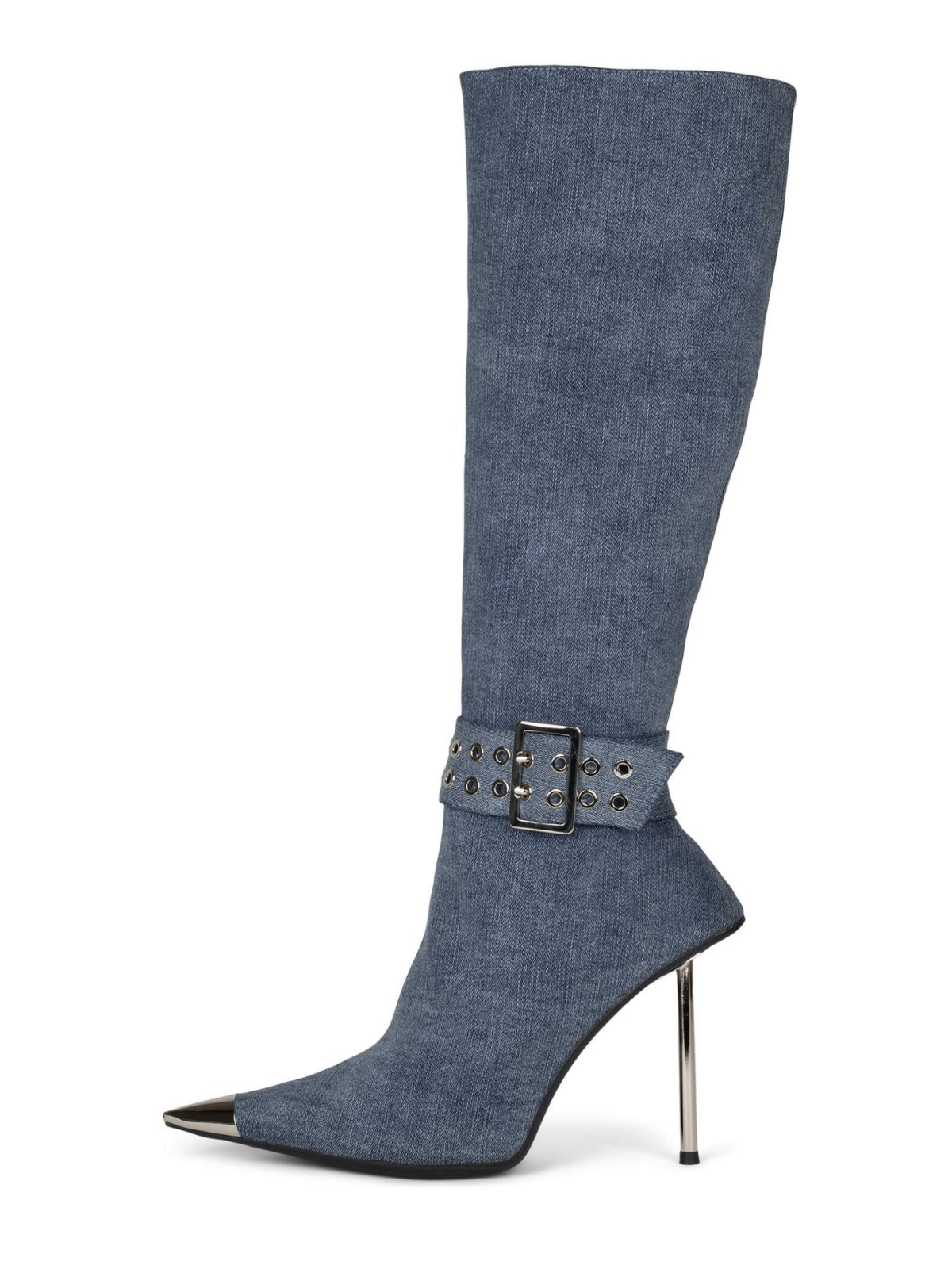 Blue Denim Pointed-Toe Silver Toe Full-Zip Tall Knee High Stiletto Boots With Buckle