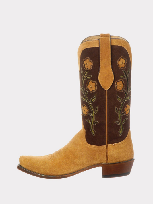 Floral Inlay Faux Suede Almond-Toe Wide Mid Calf Tall Cowgirl Boots - Contrast Brown And Tan