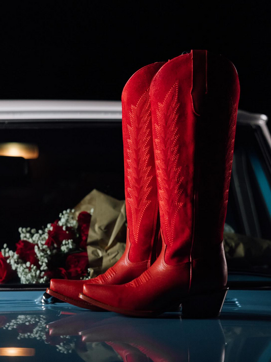 Red Contrast Vegan Leather And Faux Suede Snip-Toe Half-Zip Embroidery Knee High Cowgirl Boots