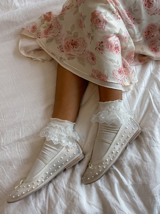 Ivory White Bow Pearl Semi-Transparent Mesh Ballet Flats Mary Janes