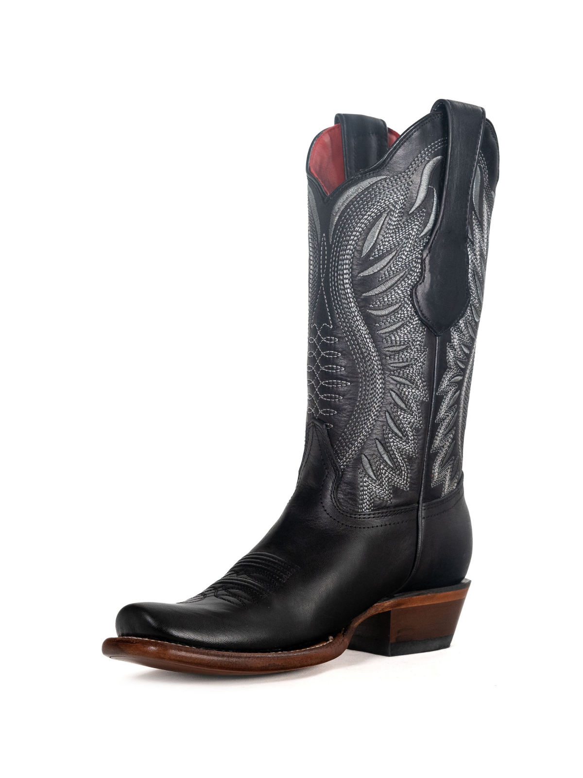 Black Square-Toe Embroidery Wide Mid Calf Cowgirl Boots