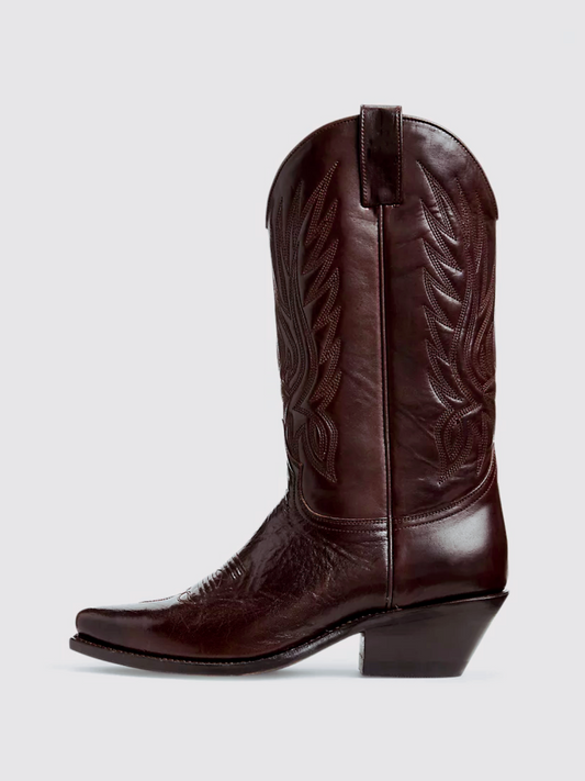 Dark Brown Snip-Toe Classic Embroidery Tall Wide Mid Calf Western Boots