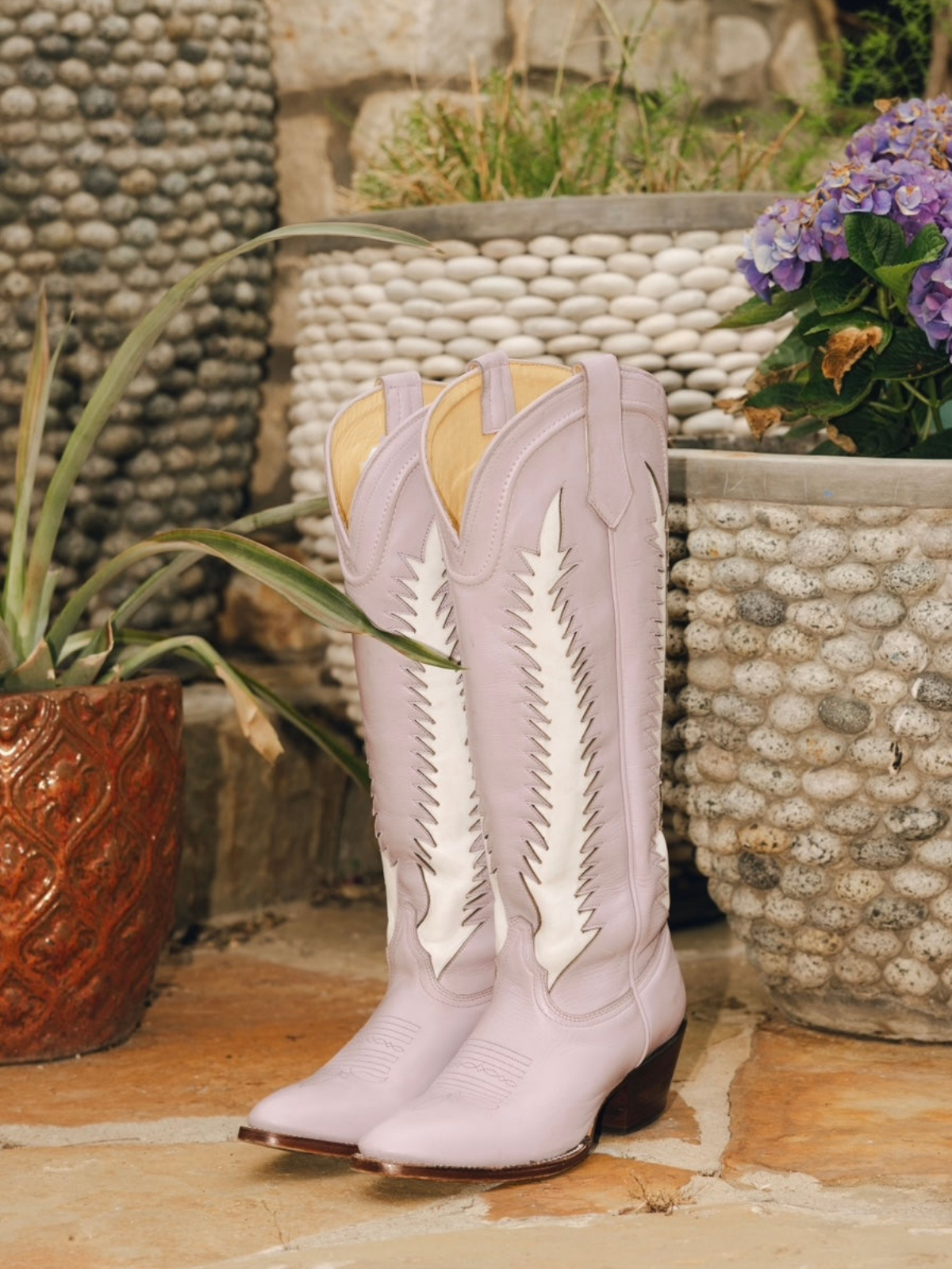 White Inlay Almond-Toe Wide Calf Knee High Tall Cowgirl Boots - Lavender