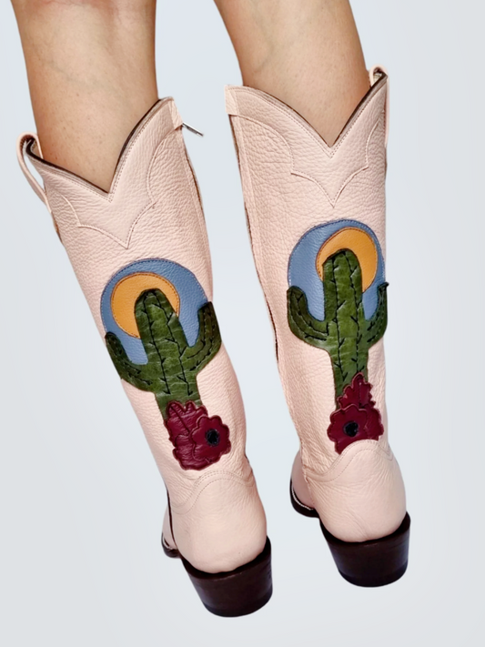 Ivory Almond-Toe Cactus Applique Wide Mid Calf Cowgirl Boots