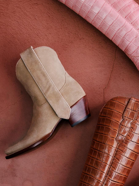 Sand Faux Suede Snip-Toe Ankle Cowgirl Boots
