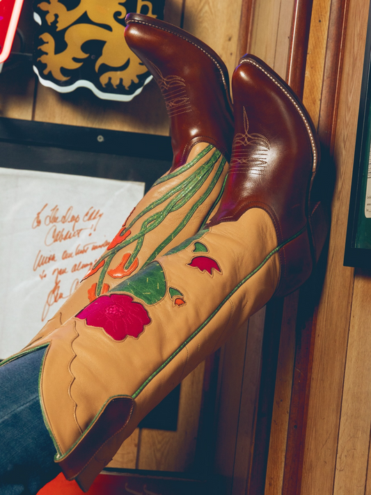 Contrast Tan And Brown Almond-Toe Cactus And Flower Inlay Applique Wide Mid Calf Cowgirl Boots