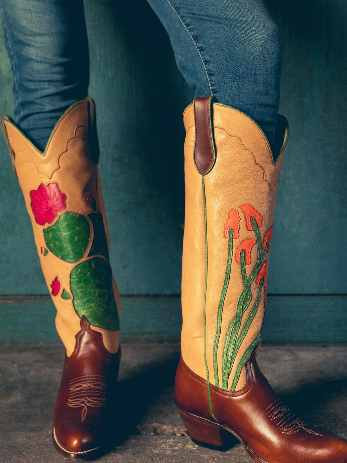 Contrast Tan And Brown Almond-Toe Cactus And Flower Inlay Applique Knee High Cowgirl Boots