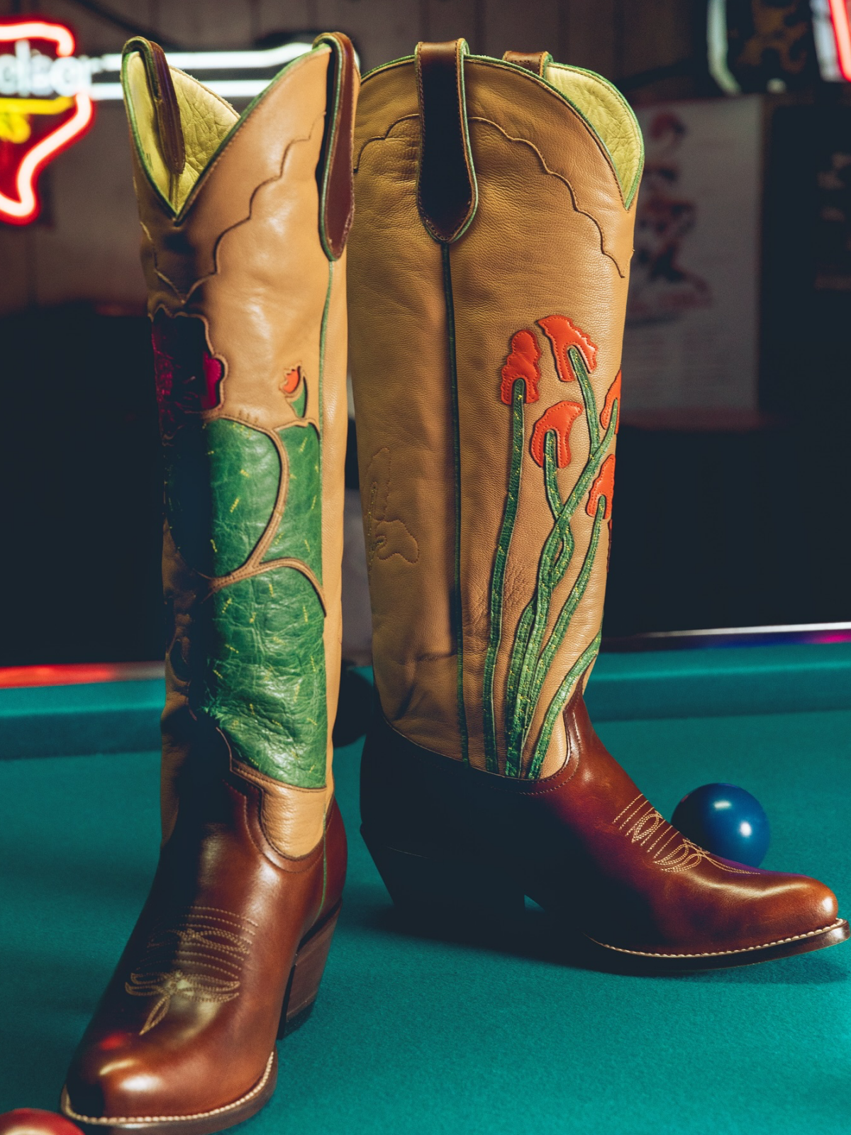 Contrast Tan And Brown Almond-Toe Cactus And Flower Inlay Applique Knee High Cowgirl Boots