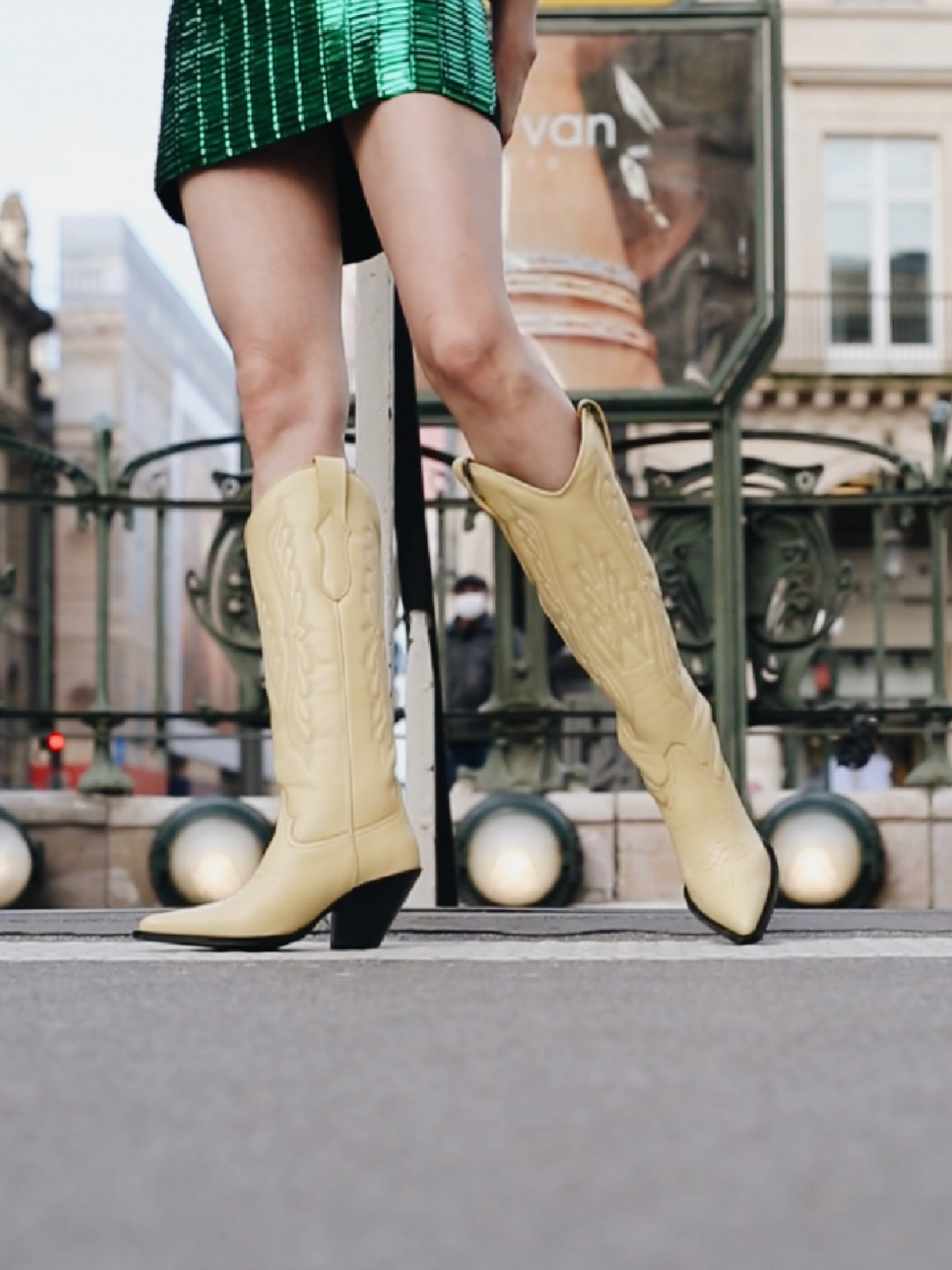 Wing Embroidery Pointed-Toe Wide Calf Tall Knee High Cowgirl Boots - Cream Yellow