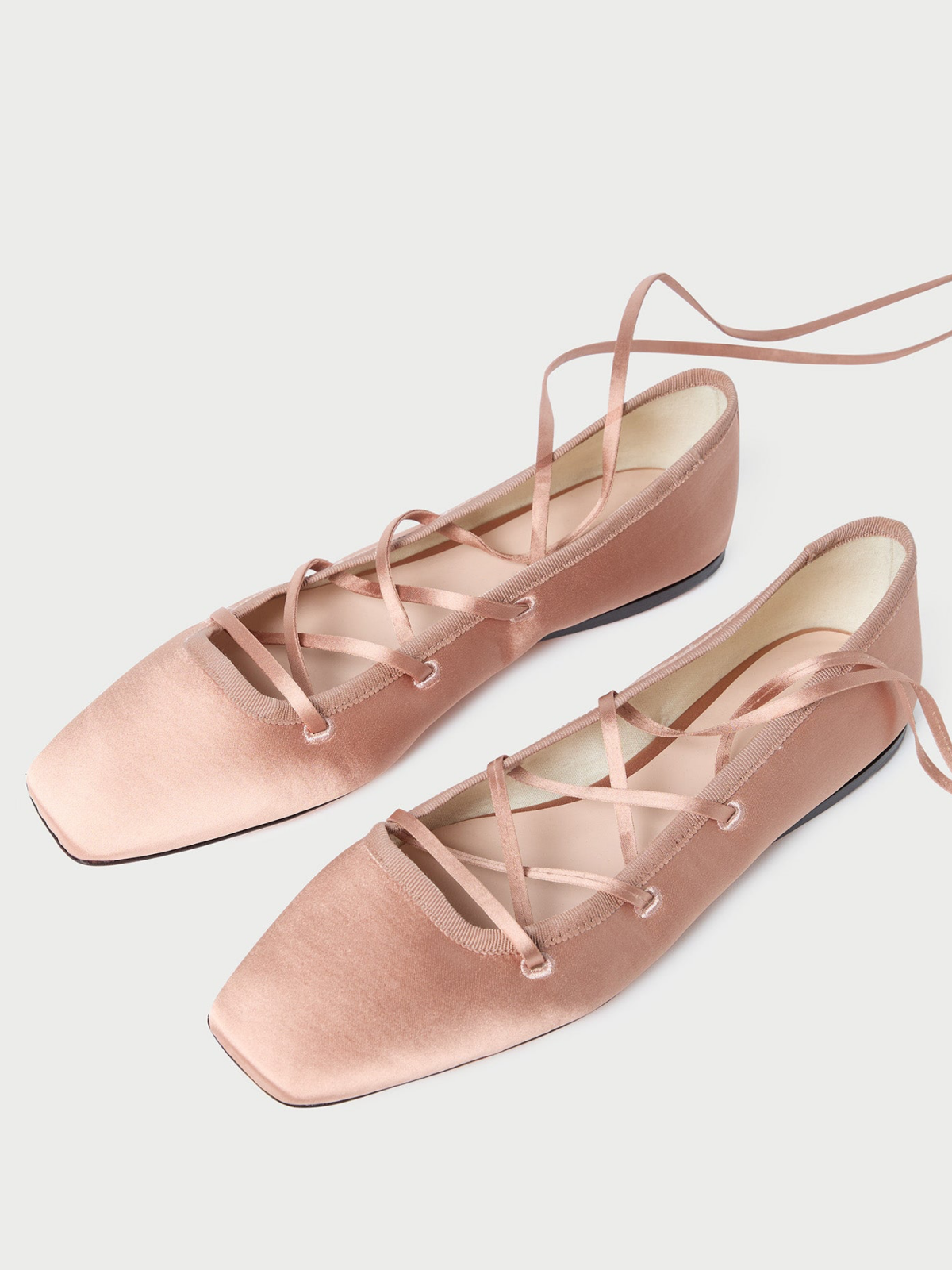 Blush Pink Cloth Square-Toe Lace-Up Ballet Flats