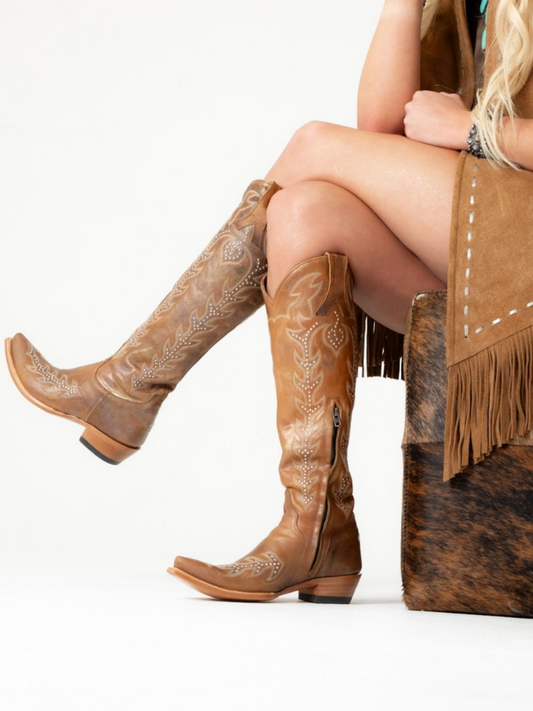 Brown Snip-Toe Embroidery Studded Half-Zip Over-The-Knee Cowgirl Boots