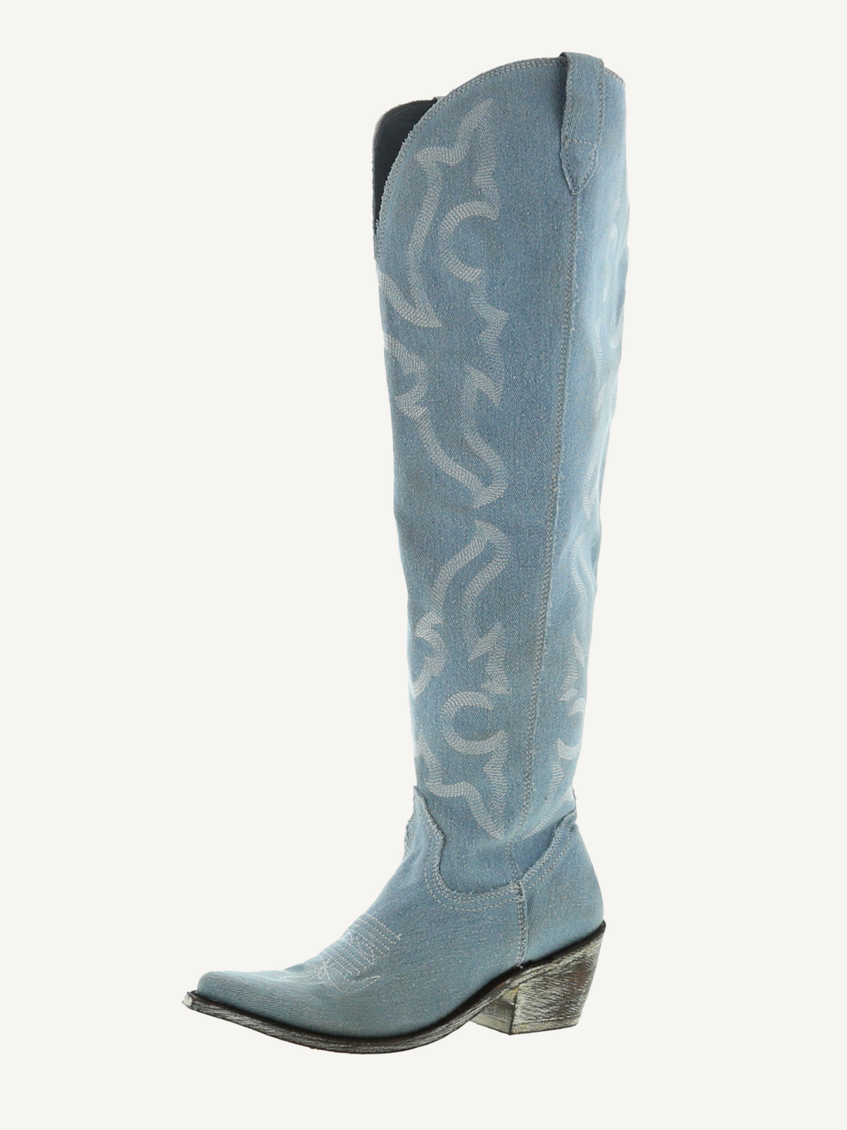 Denim Blue Embroidery Pointed-Toe Half-Zip Over-The-Knee Cowgirl Boots