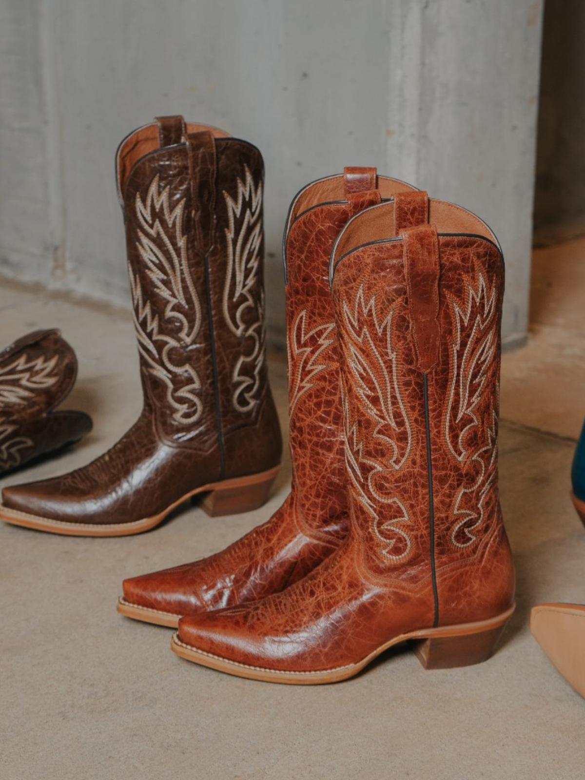 Distressed Orange Snip-Toe Classic Embroidery Wide Mid Calf Cowgirl Boots