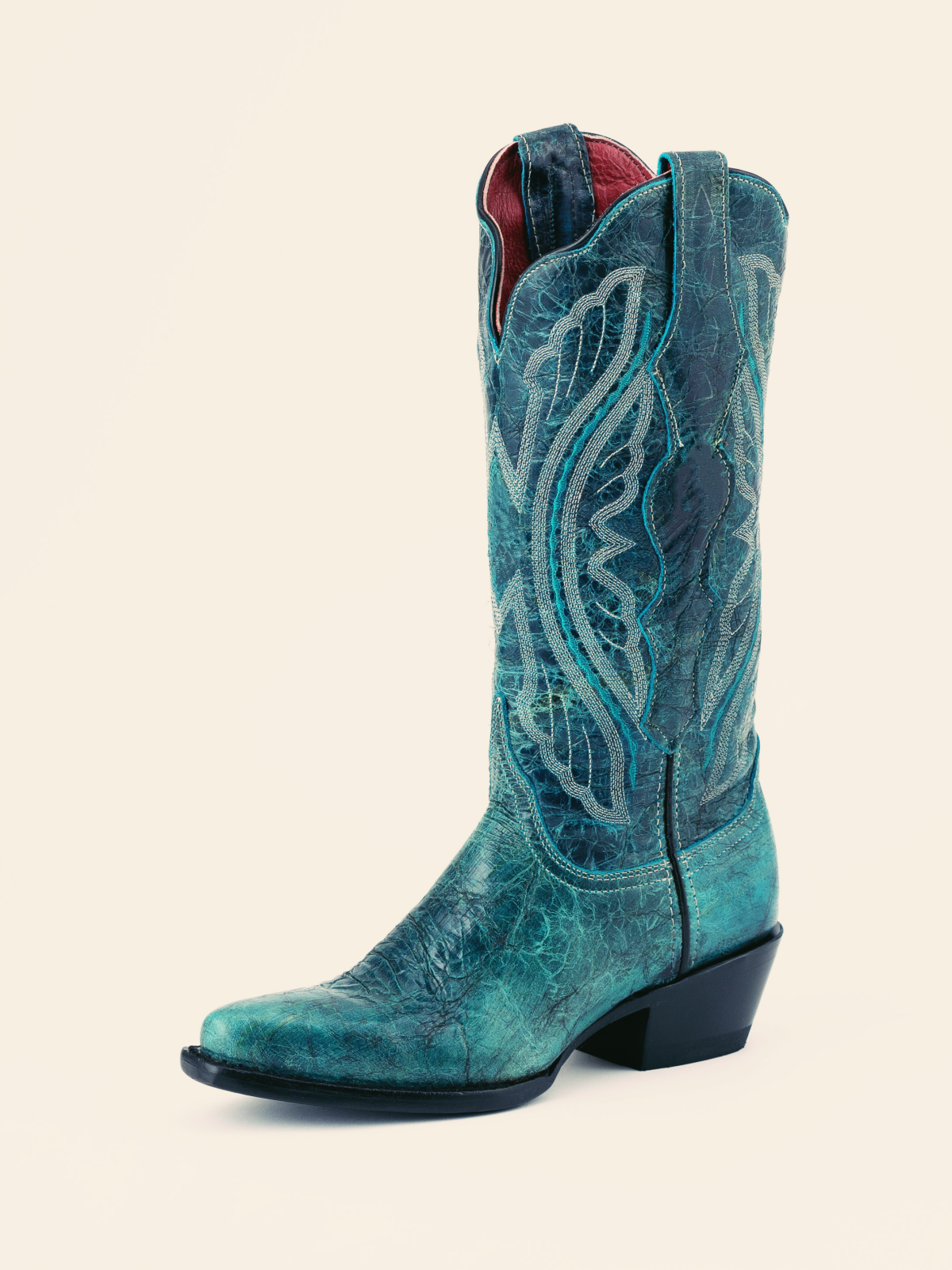 Distressed Teal Embroidery Snip-Toe Wide Mid Calf Western Boots Cowgirl Tall Boots