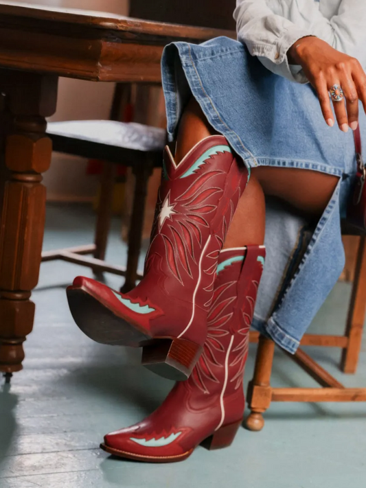 Scarlet Red Inlay Applique Snip-Toe Embroidery Wide Mid Calf Western Boots