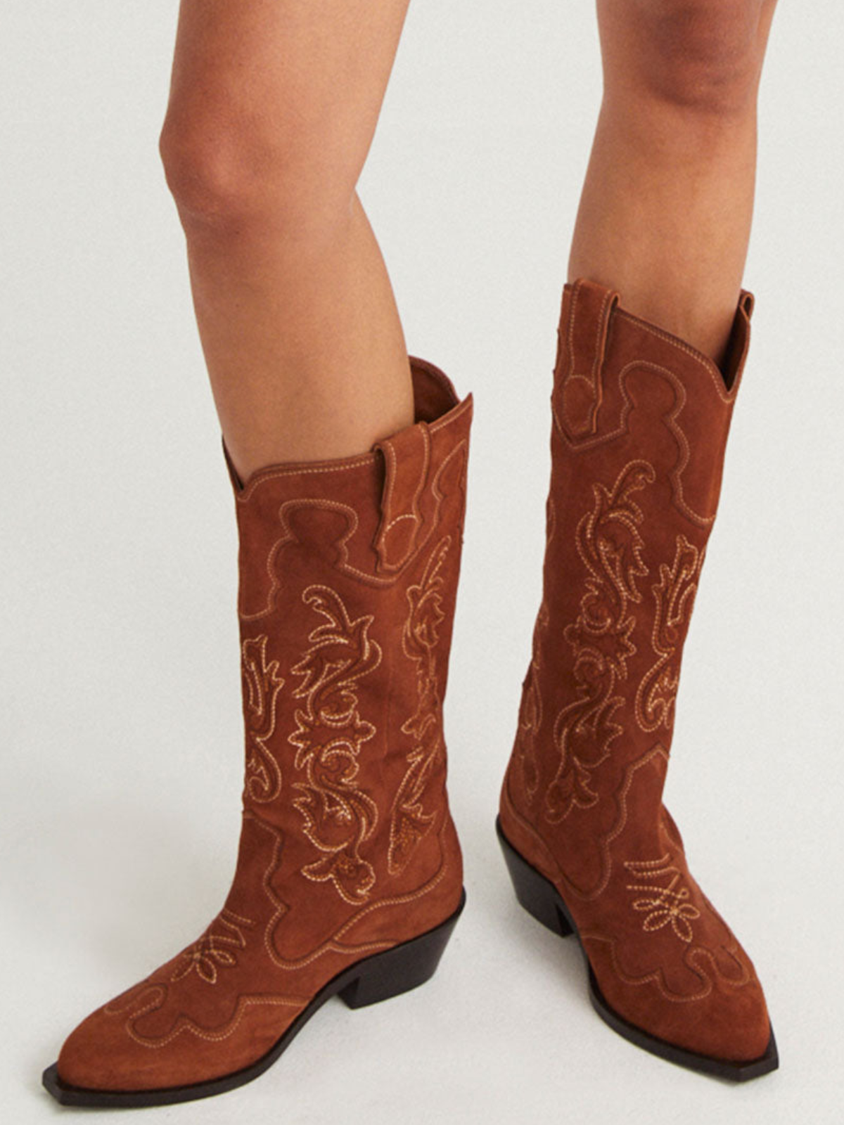 Warm Brown Faux Suede Almond-Toe Embroidery Wide Mid Calf Cowgirl Boots