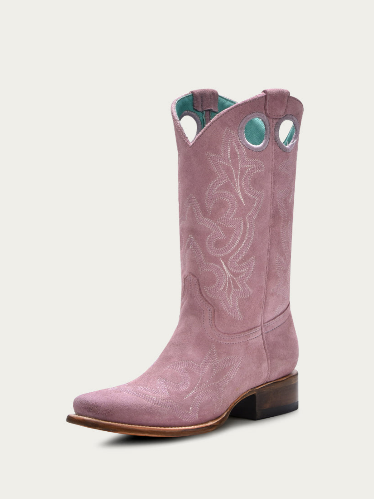 Faux Suede Cut-Out Square-Toe Embroidery Wide Mid Calf Cowgirl Boots - Lilac