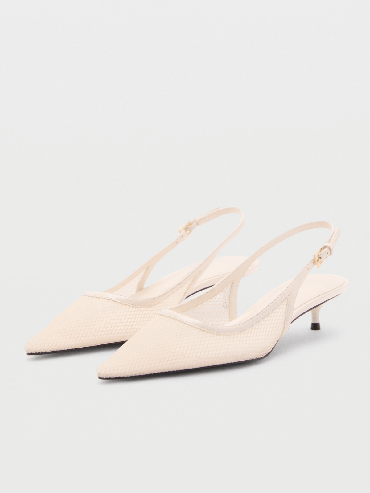 Ivory Pointed-Toe Slingback Buckle Mesh Kitten Heels