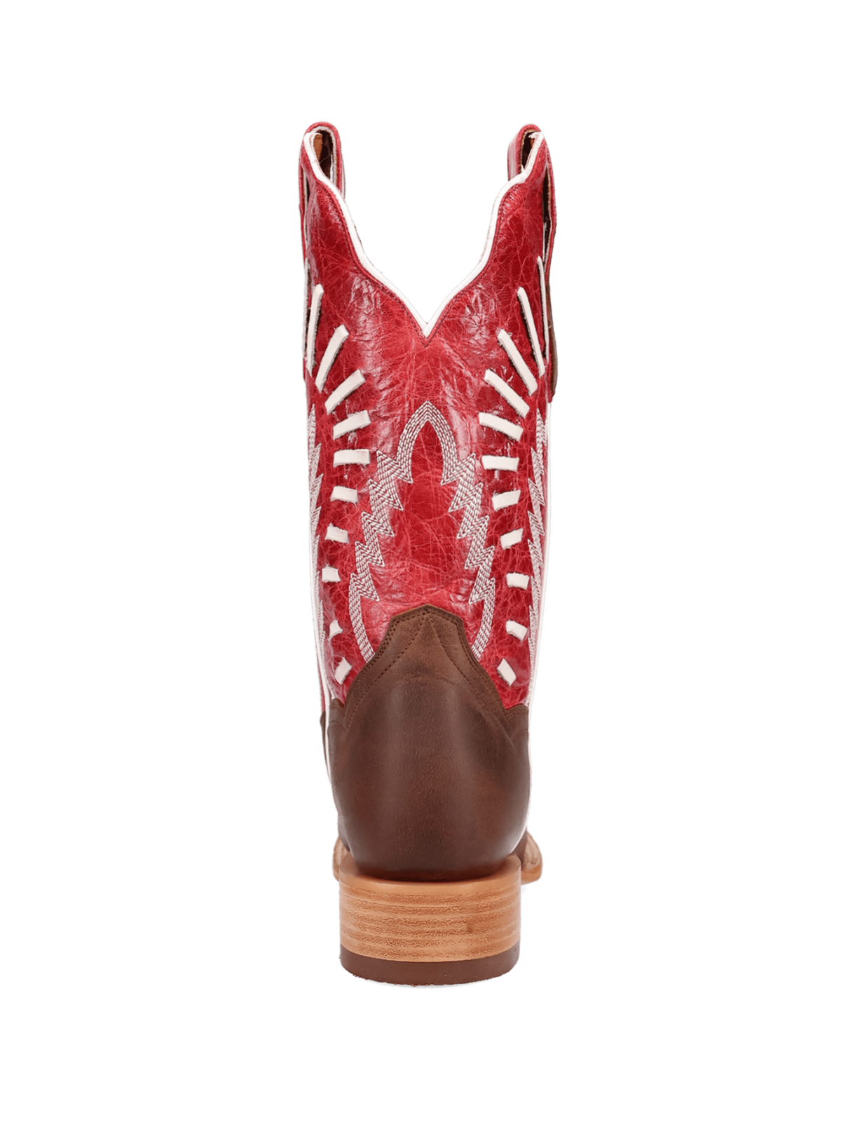 Contrast Brown And Distressed Red Square-Toe Embroidery And Running Stitch Wide Mid Calf Cowgirl Boots