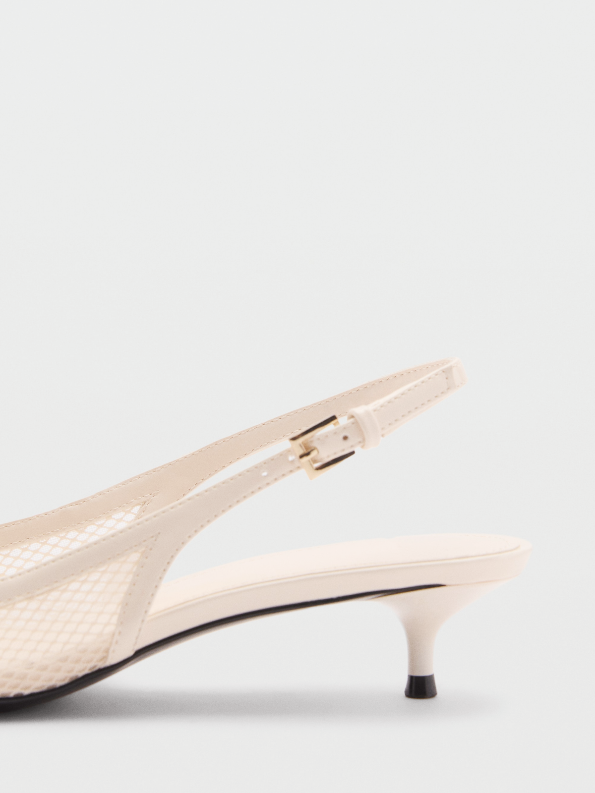 Ivory Pointed-Toe Slingback Buckle Mesh Kitten Heels