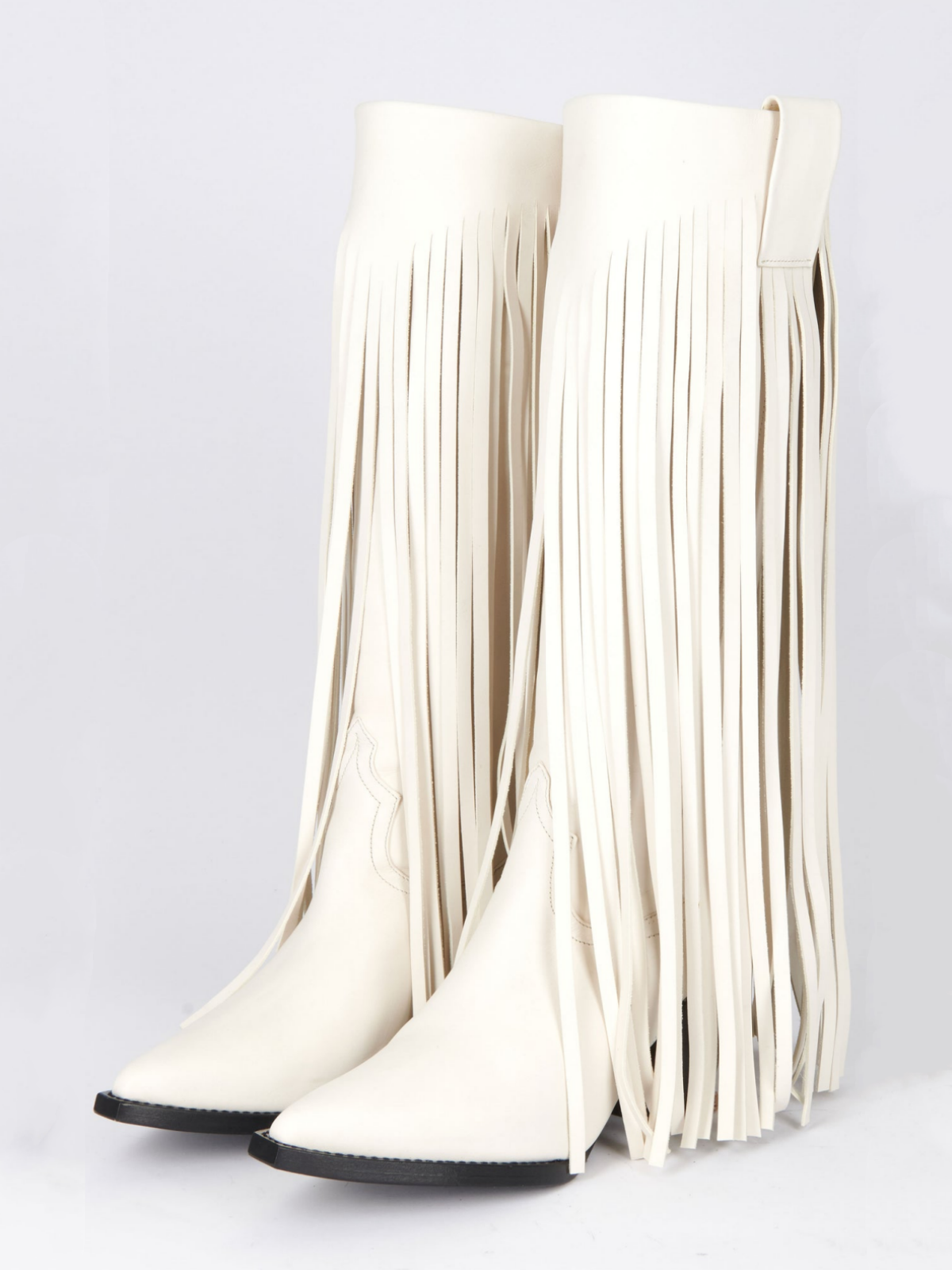 Ivory Snip-Toe Fringed Folded Panel Wide Mid Calf Boots