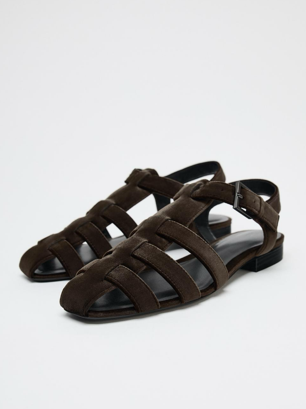Brown Velvet Square-Toe Front And Ankle Straps Fisherman Sandals