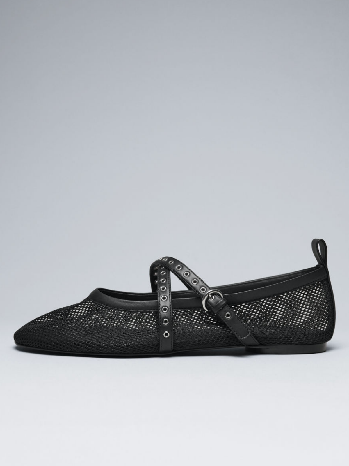 Black Mesh Round Toe Ballet Flats With Crossed Grommet Eyelet Buckled Strap