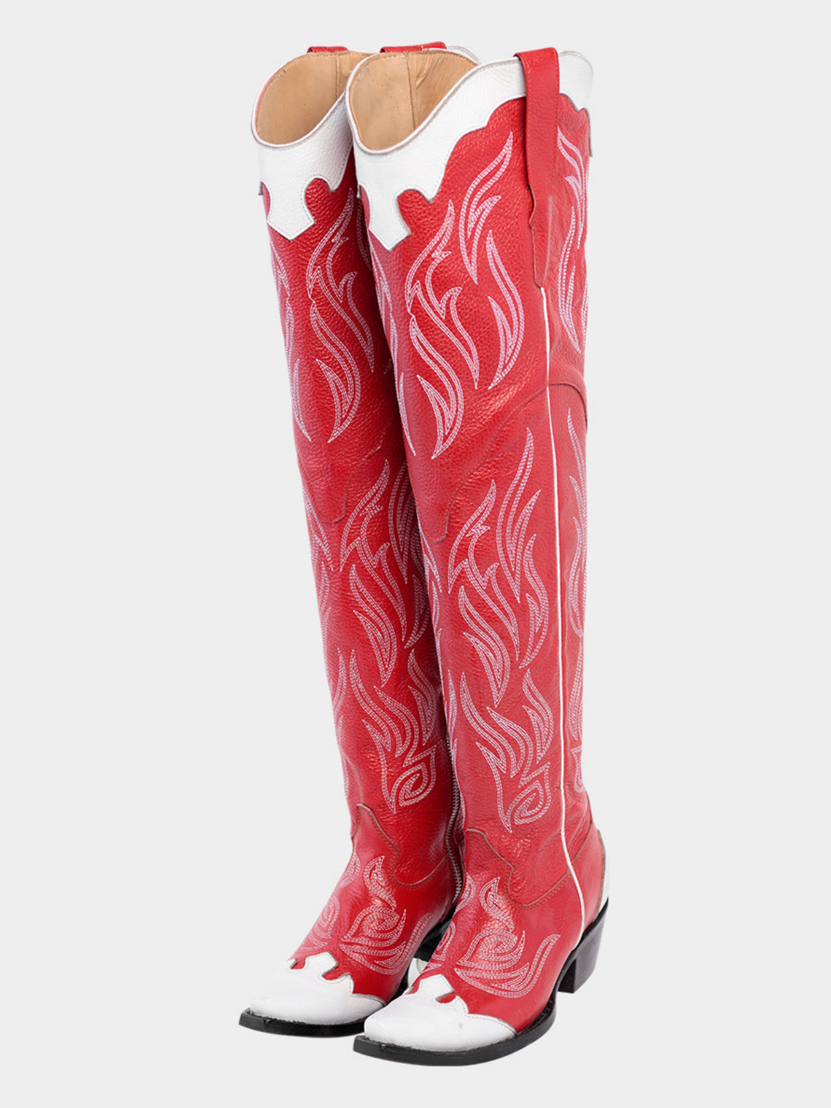 Contrast Red And White Snip-Toe Embroidery Wide Calf Over-The-Knee Western Boots