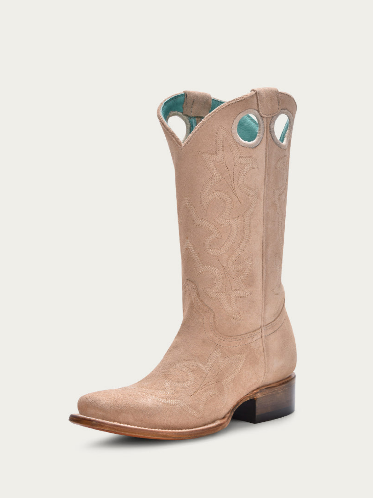 Faux Suede Cut-Out Square-Toe Embroidery Wide Mid Calf Cowgirl Boots - Sand