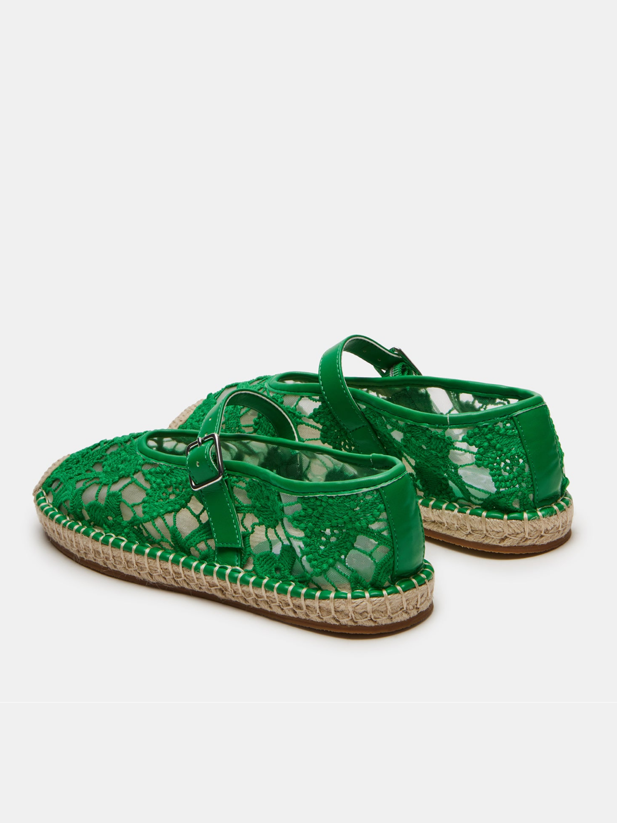 Green Round-Toe Bridge Strap Side Buckle Lace Mesh Mary Janes Espadrille Flats