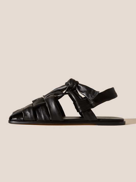 Black Interwoven Square-Toe Flats Sandals With T-Strap Knotted Bow