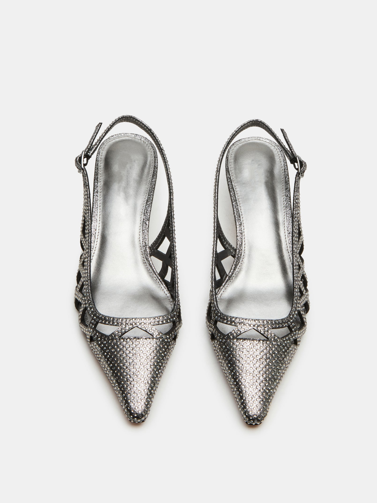 Metallic Pewter Pointed-Toe Slingback Hallow Out Rhinestone Pump Kitten Heels