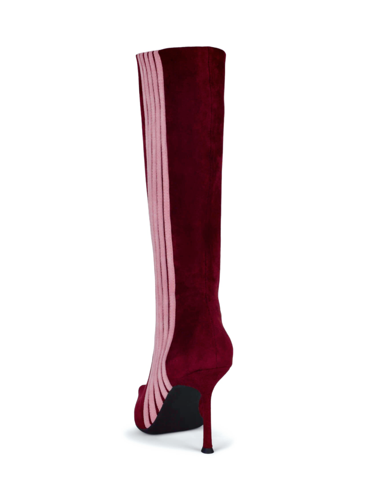 Wine Red Pointed-Toe Mid Calf Full-Zip Stiletto Boots With Contrasting Stripe