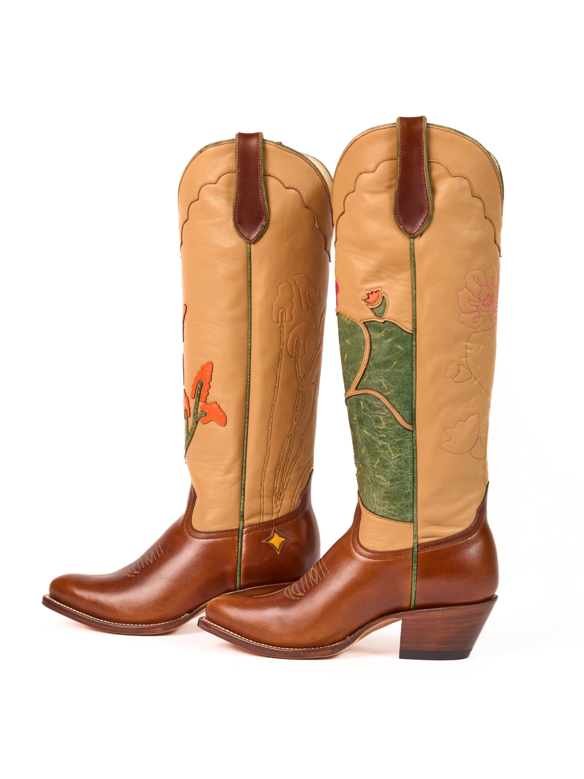 Contrast Tan And Brown Almond-Toe Cactus And Flower Inlay Applique Knee High Cowgirl Boots